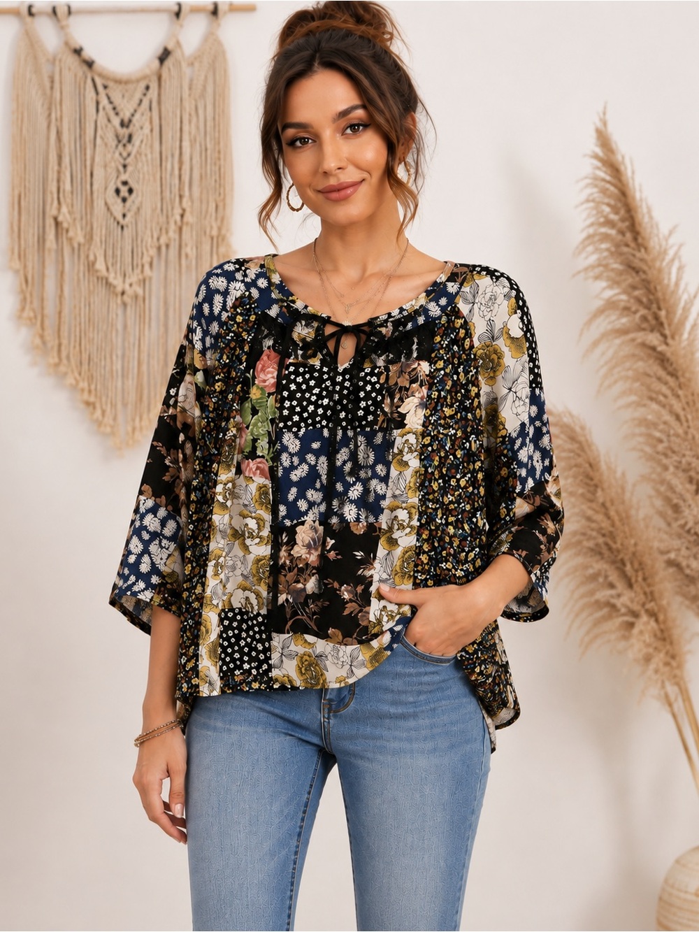 Hope Springs Patchwork M Floral Lace Blouse Boho 3/4 Sleeve Multicolor Top